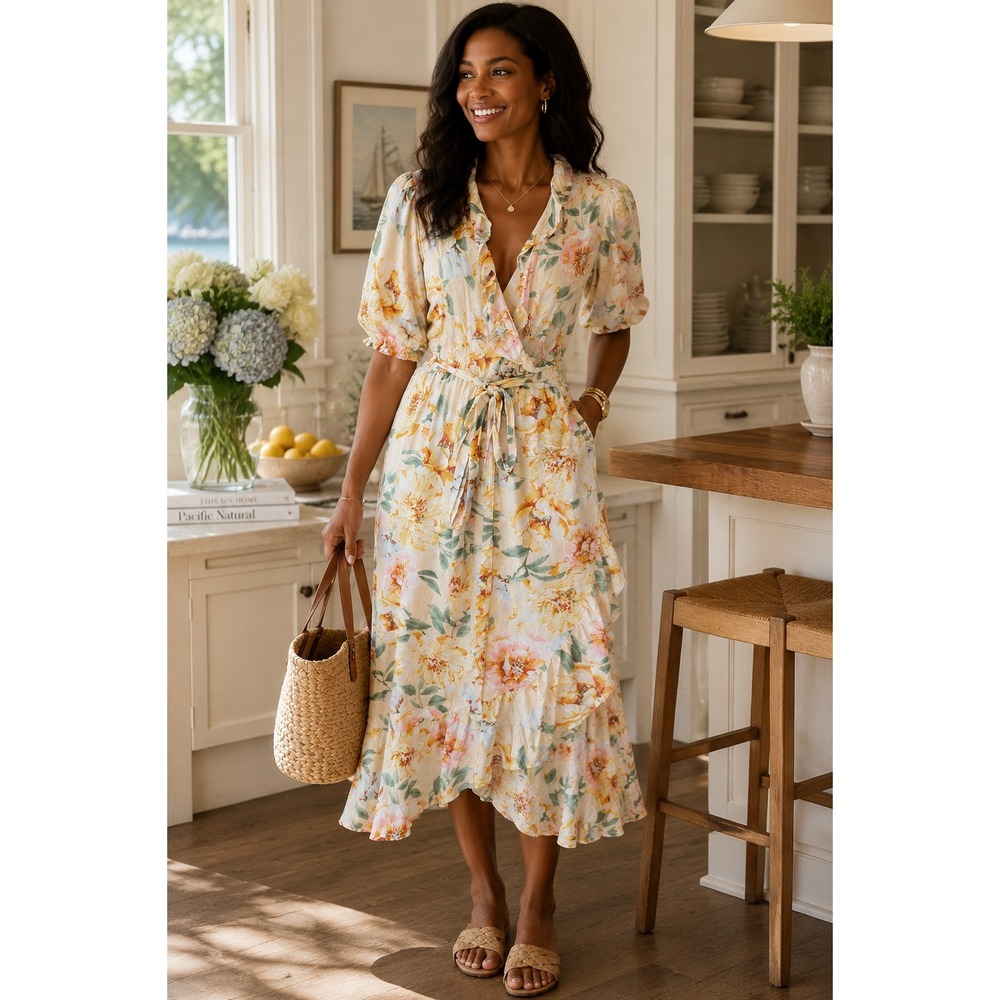 Old Navy Floral Dobby Wrap Midi Dress Cream Yellow Pink Large Puff Sleeve Ruffle